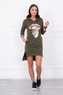 Dress with longer back and colorful print khaki