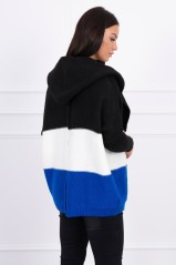 Three-color hooded sweater black+ecru+mauve-blue