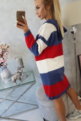 Three-color striped sweater ecru+jeans+red