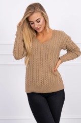 Braided sweater with V-neck camel