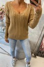 Braided sweater with V-neck camel