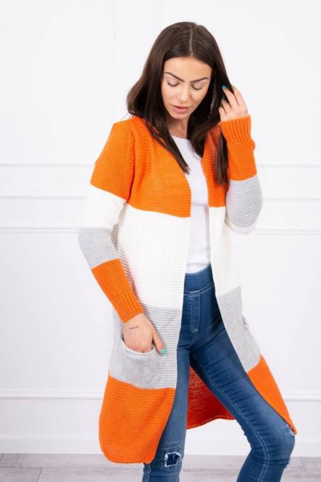 Sweater Cardigan in the straps orange+ecru