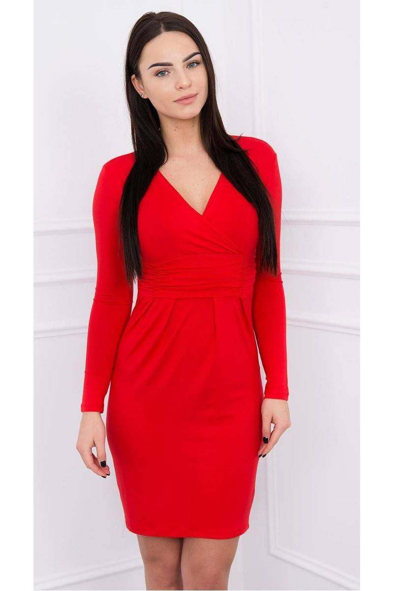 Red dress with a triangular neckline