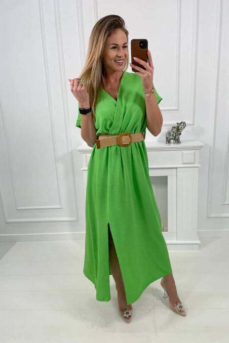 Green long dress with belt KES-24054-6012F