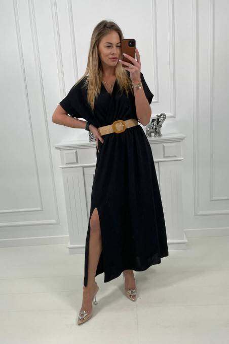 Black long dress with belt KES-24055-6012F