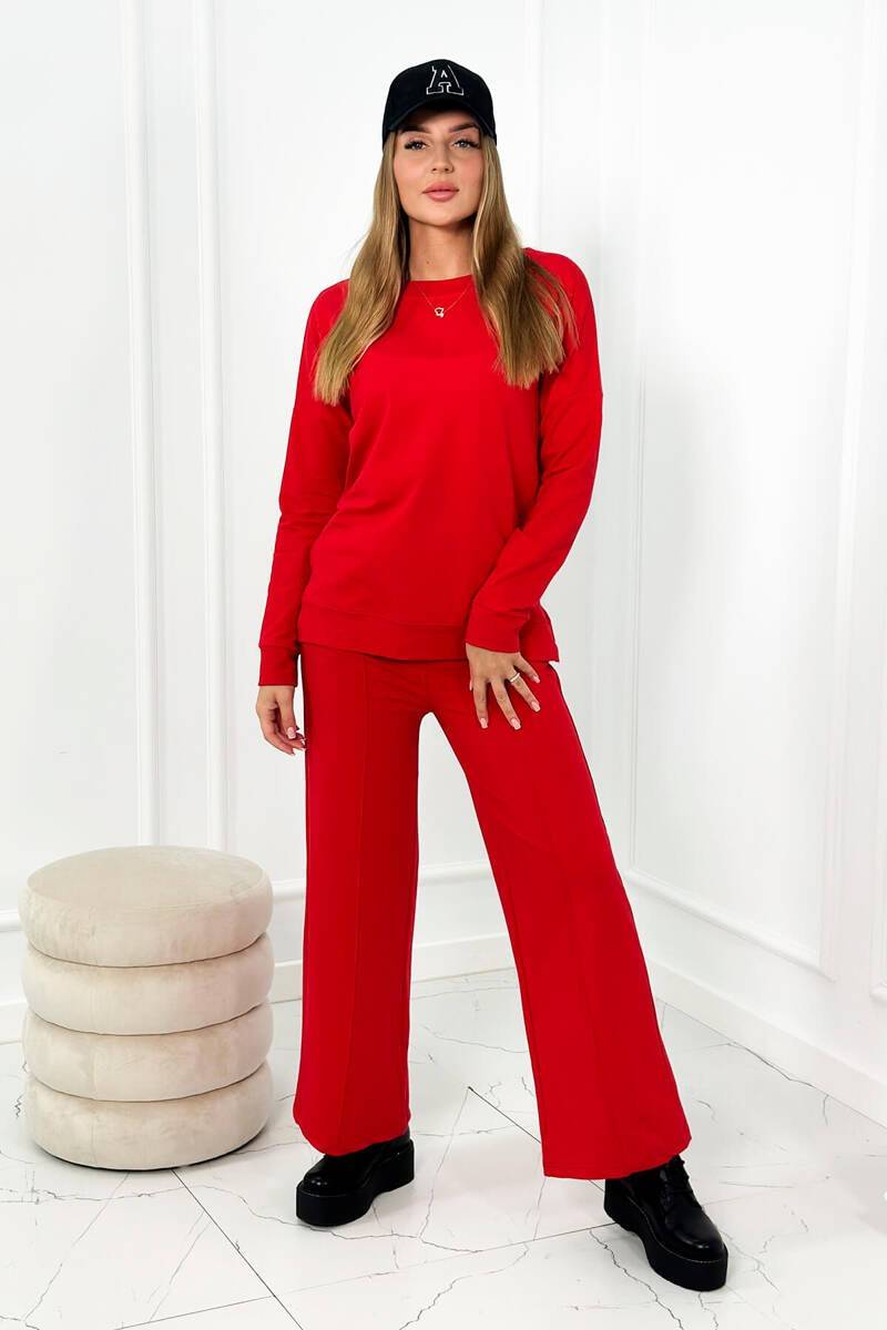 Medvilninis moteriškas komplektas džemperis + platėjančios kelnės raudonos palvos KES-25961-9590