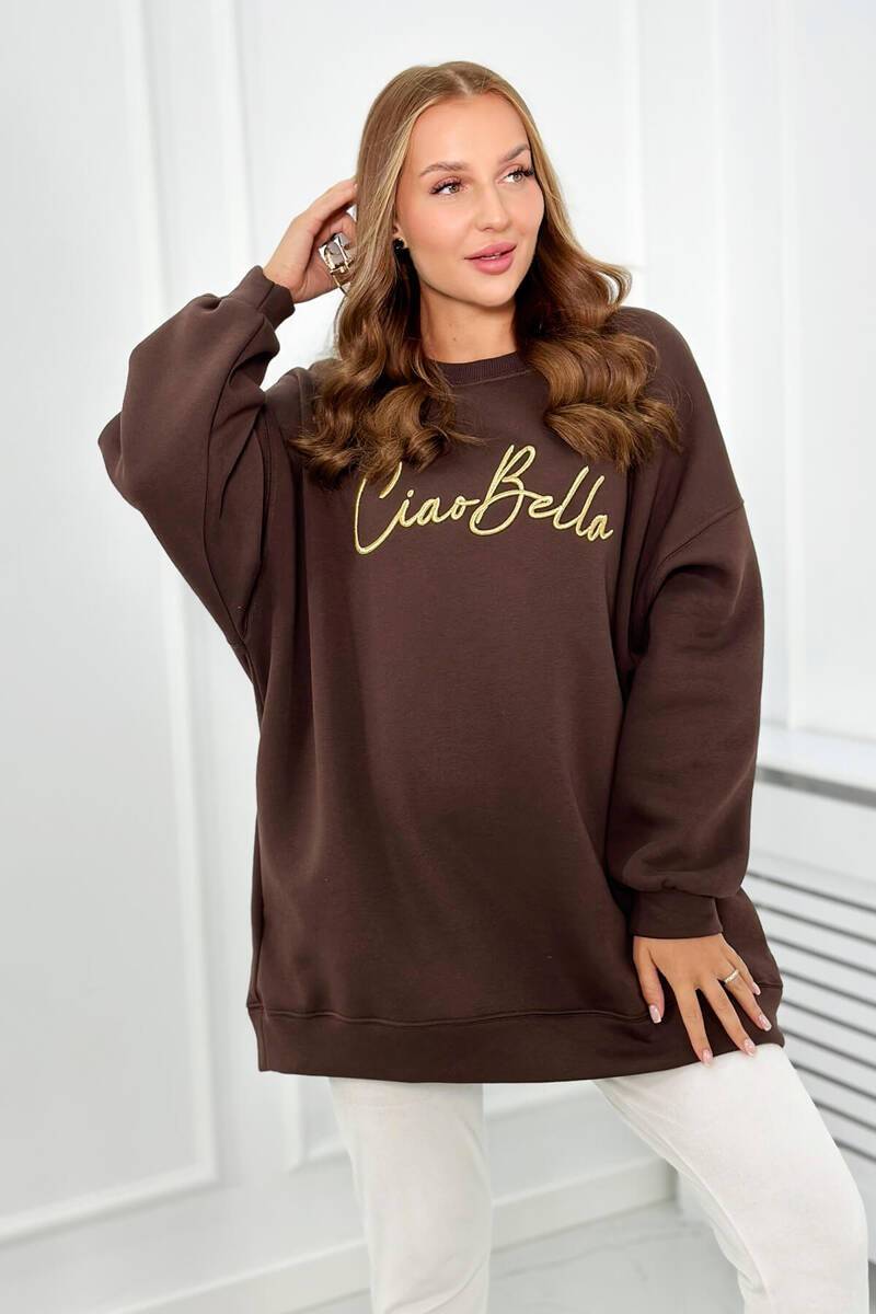 Pašiltintas džemperis su ciao bella užrašu rudos spalvos KES-26562-9612