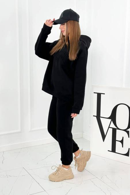 Pašiltintas medvilnės moteriškas rinkinys, komplektas, džemperis + kelnės brooklyn juodos spalvos KES-26627-9617