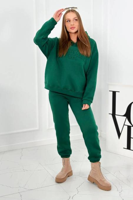 Pašiltintas medvilnės moteriškas rinkinys, komplektas, džemperis + kelnės brooklyn tamsiai žalia KES-26629-9617