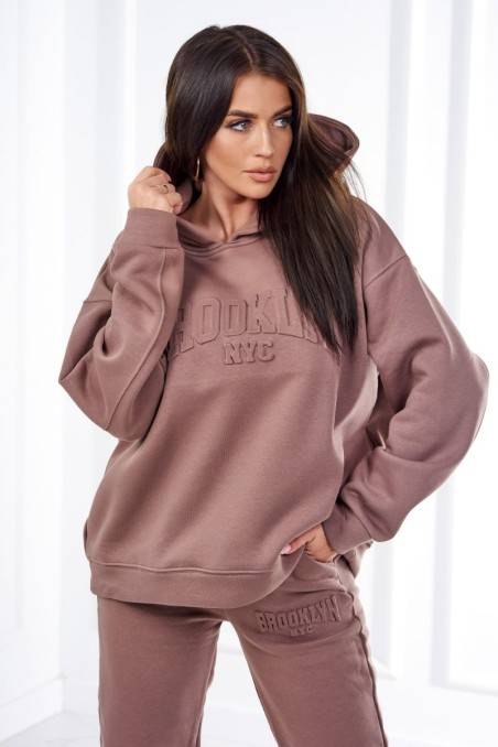 Pašiltintas medvilnės moteriškas rinkinys, komplektas, džemperis + kelnės brooklyn rudos spalvos KES-26633-9617